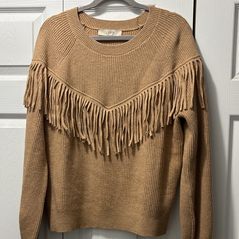 LOFT Camel Fringed Sweater